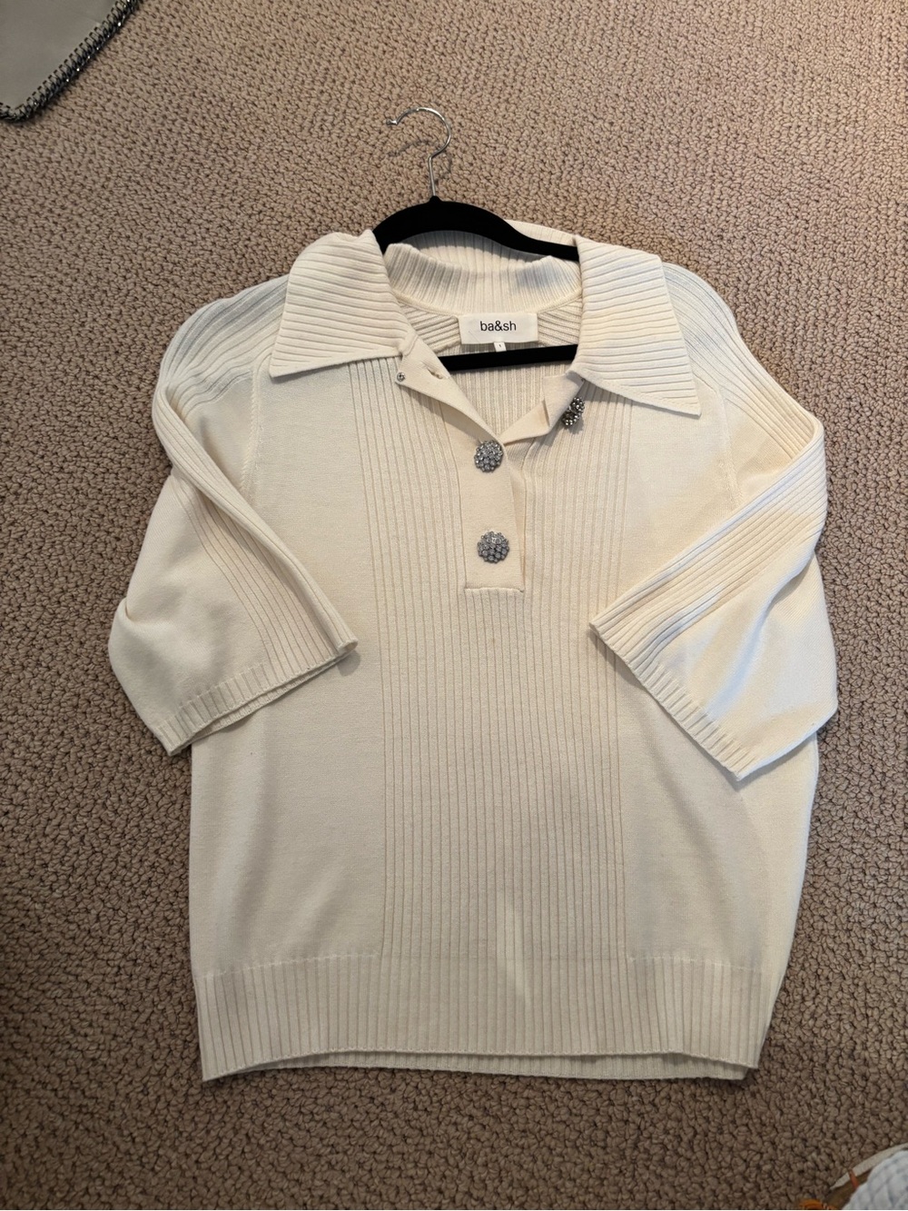 ba&sh Cream Ribbed Polo Sweater with Rhinestone Buttons - Picture 8 of 9